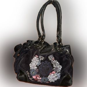 Vintage Y2K Juicy Couture Beverly Bag Purse Black Velvet Floral Embroidered Tote